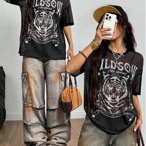 "Wild Soul Tiger Mesh Top – Sheer Black Graphic Tee, Size M"